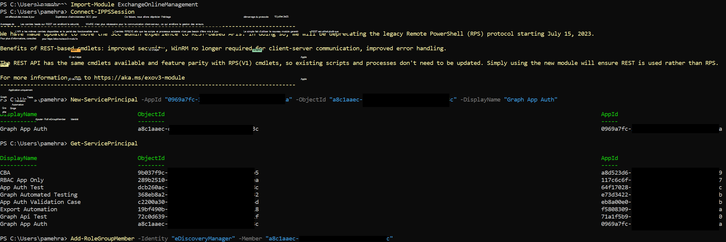 Capture d’écran de l’interpréteur de commandes exchange online.