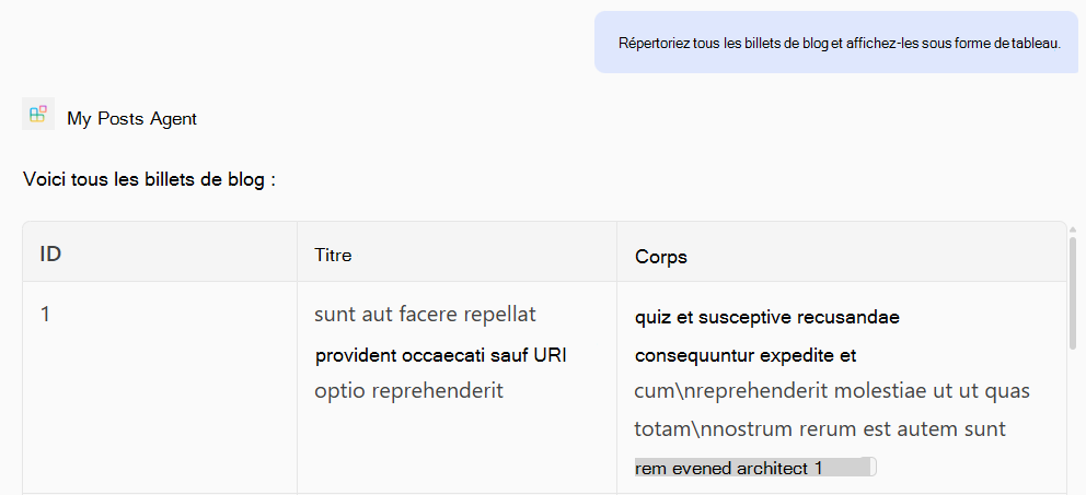 Capture d’écran d’une réponse d’un agent déclaratif basée sur de nouvelles opérations GET