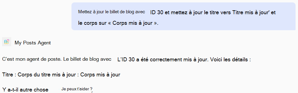Capture d’écran d’une réponse d’un agent déclaratif basé sur des opérations PATCH