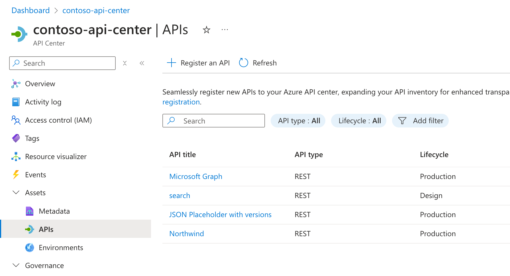 Capture d’écran du Centre des API Azure avec plusieurs API utilisées dans l’organisation.