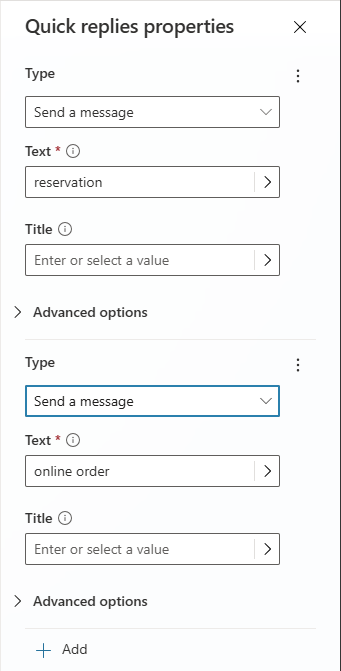 Capture d’écran du volet Propriétés des réponses rapides.
