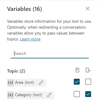 Capture d’écran du volet Variables avec deux variables et une combinaison d’entrée et de sortie sélectionnée.