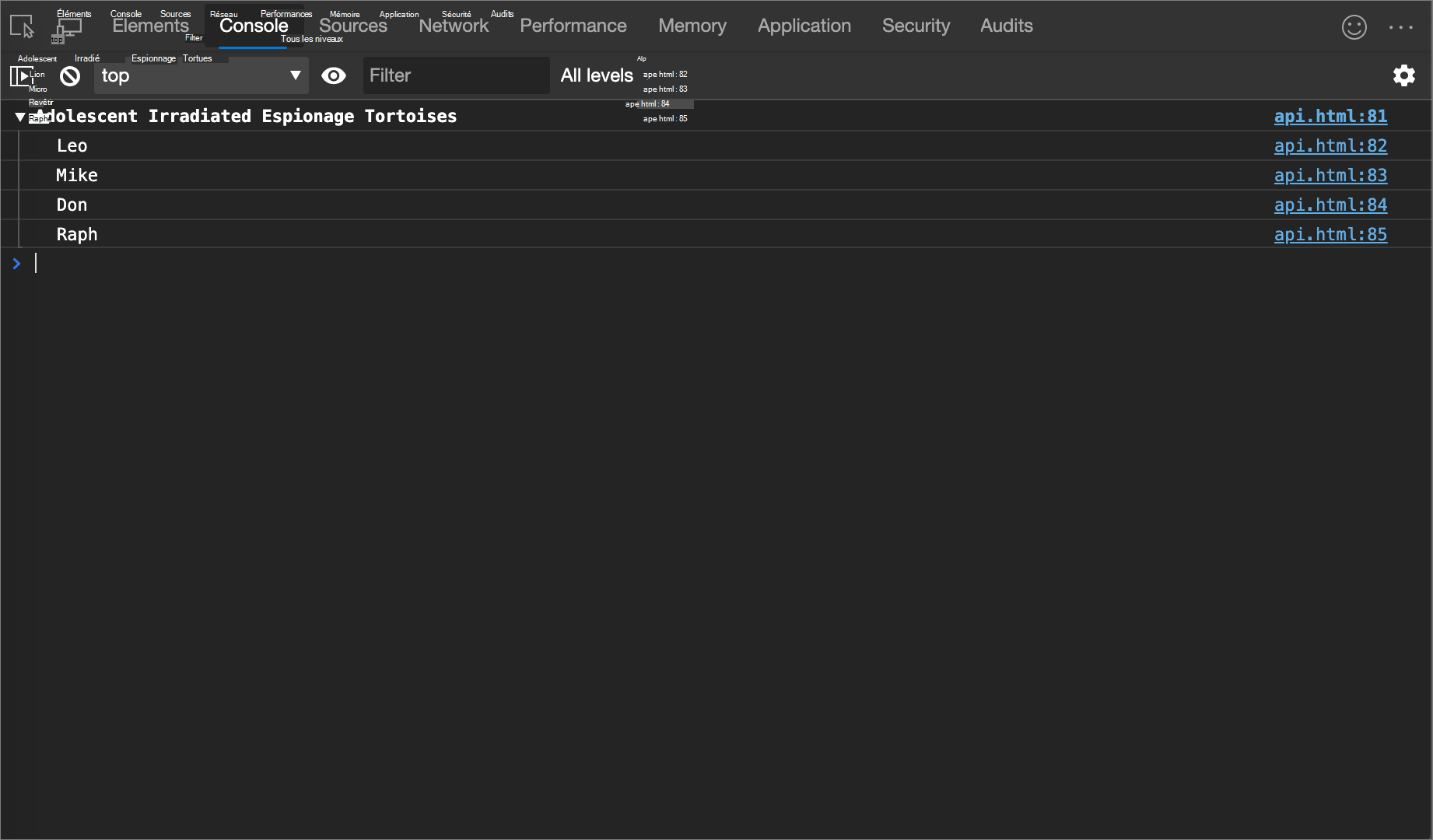 Résultat de l’exemple console.group()