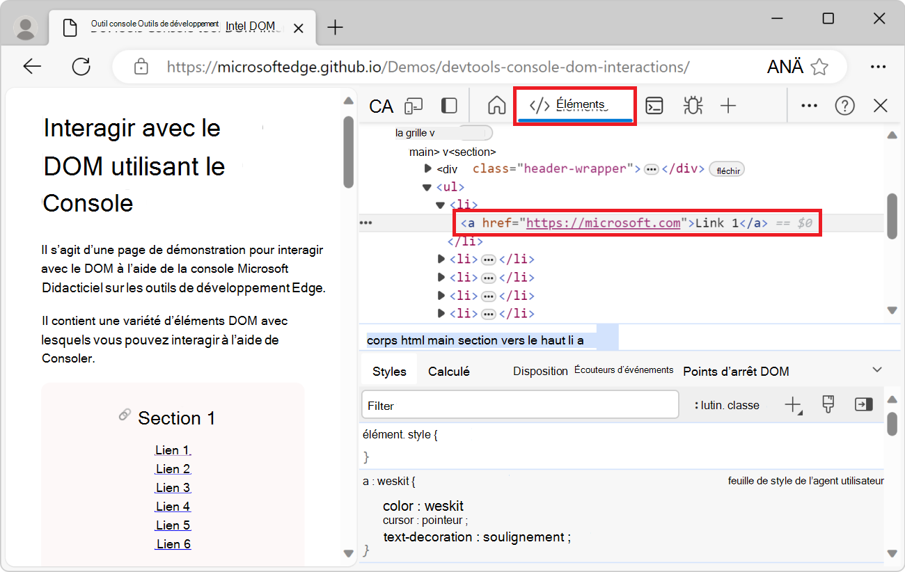 L’outil Elements dans DevTools, avec l’élément link sélectionné