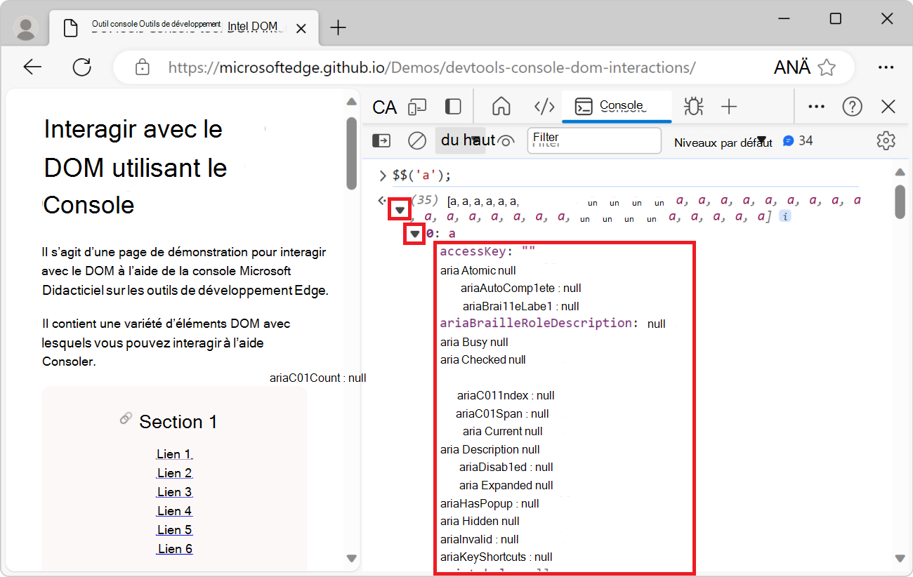 En développant le premier élément du tableau, ses propriétés sont affichées