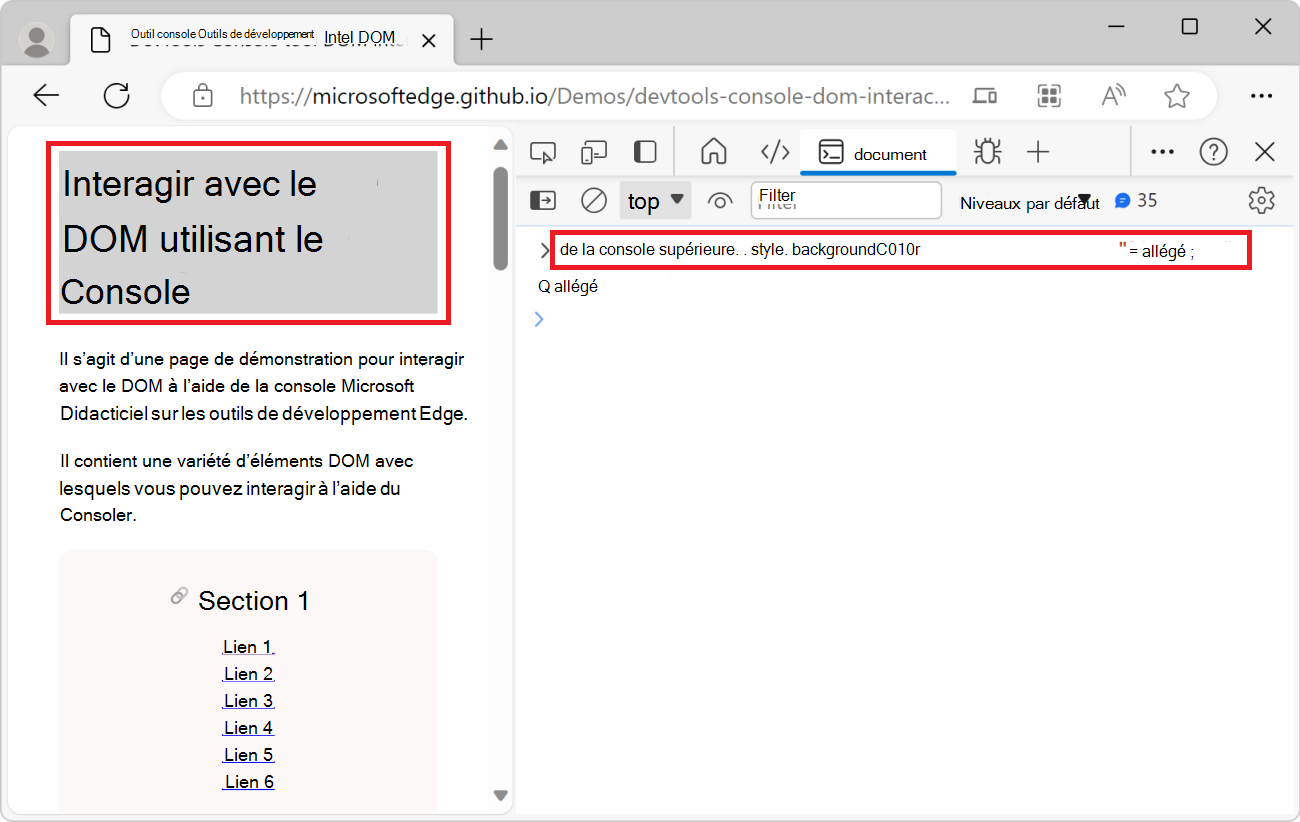 L’outil Console, montrant le code JavaScript ci-dessus, et la page web montrant le titre gris