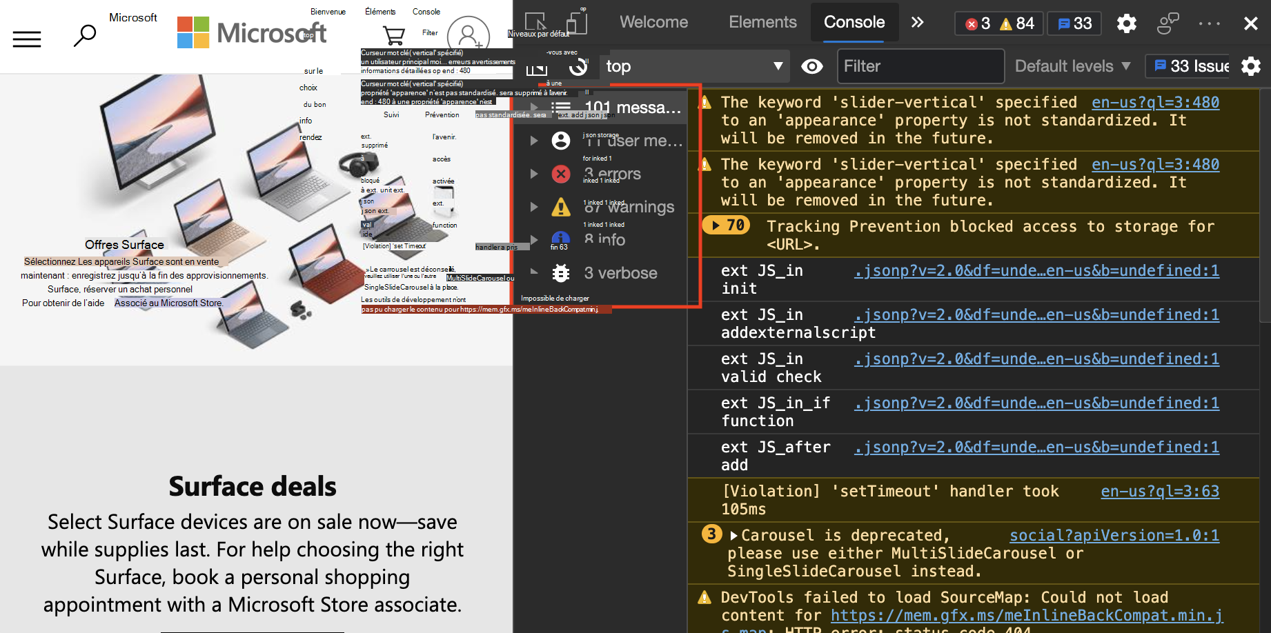 La barre latérale de la console affiche les différentes sources d’où proviennent les messages