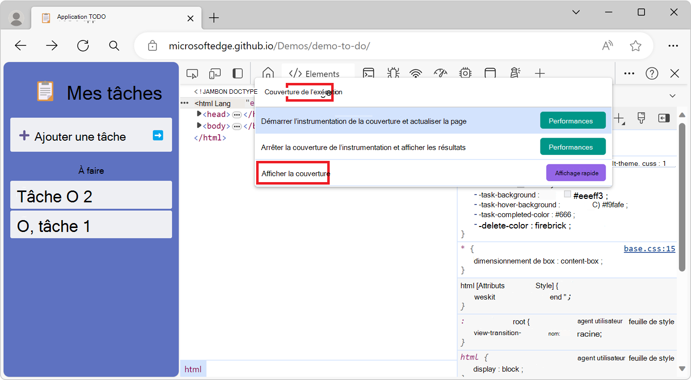 Menu contextuel Commande dans DevTools, montrant la commande Afficher la couverture