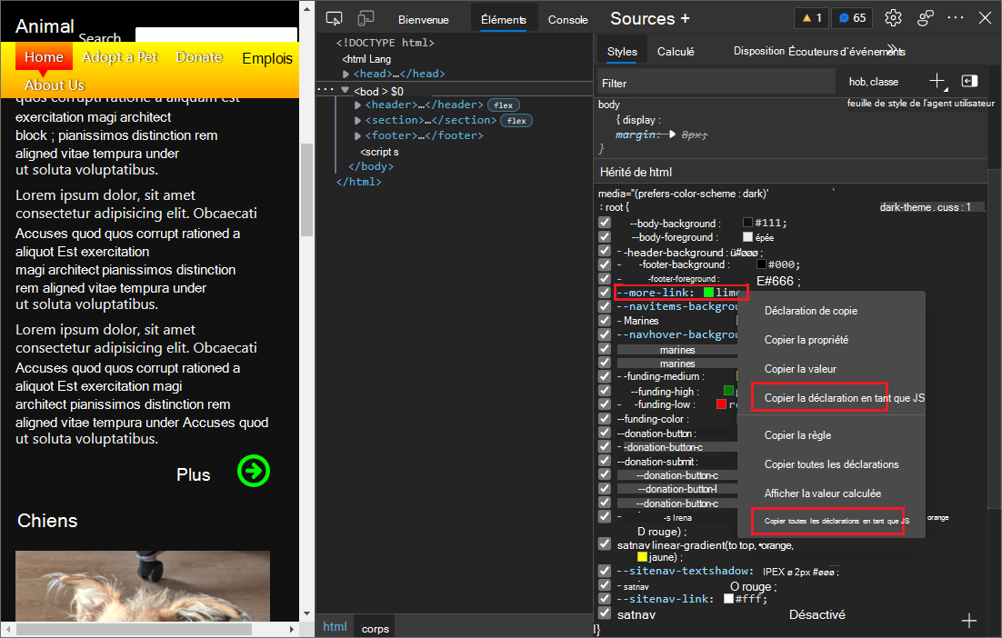 Menu contextuel d’une règle de style, y compris les commandes « Copier la déclaration en tant que JS » et « Copier toutes les déclarations en tant que JS »