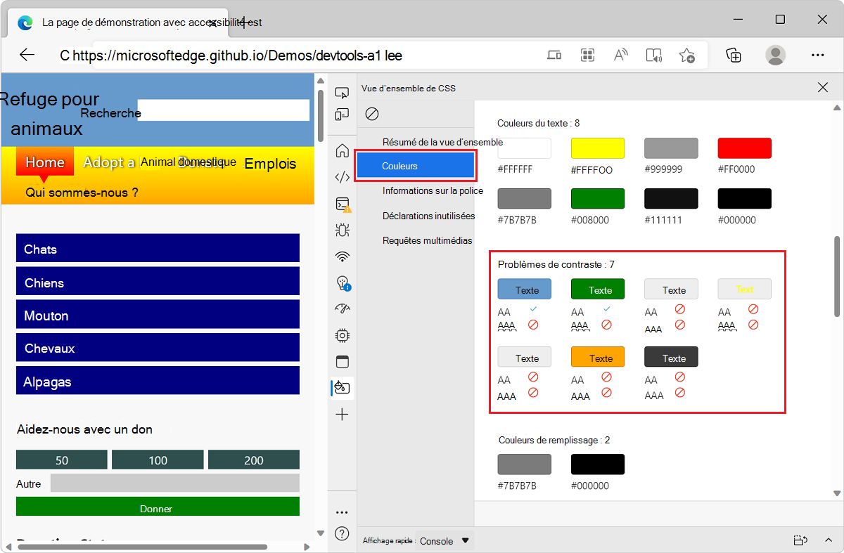 Microsoft Edge, avec l’application de démonstration liste todo et DevTools, montrant une liste de problèmes de contraste dans le rapport de vue d’ensemble CSS