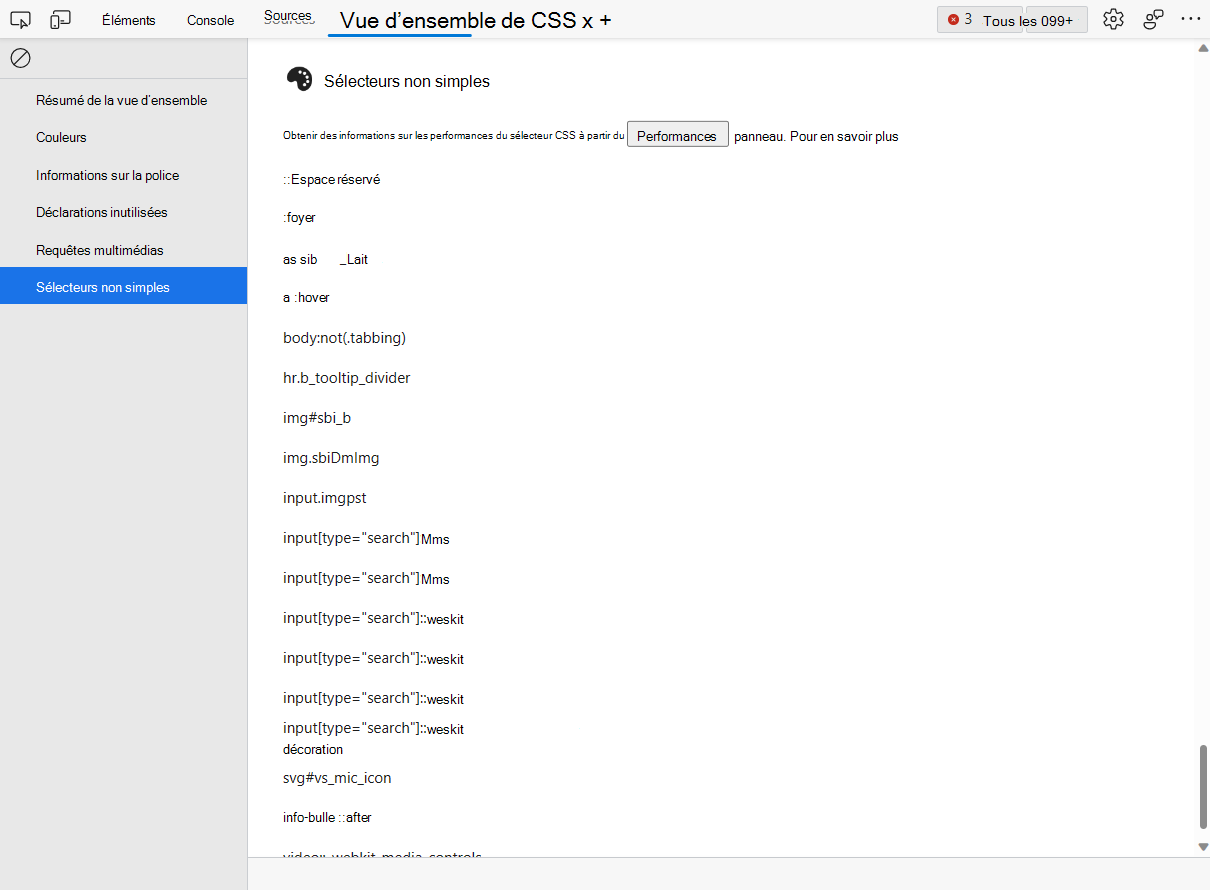Liste des sélecteurs non simples dans l’outil de vue d’ensemble CSS