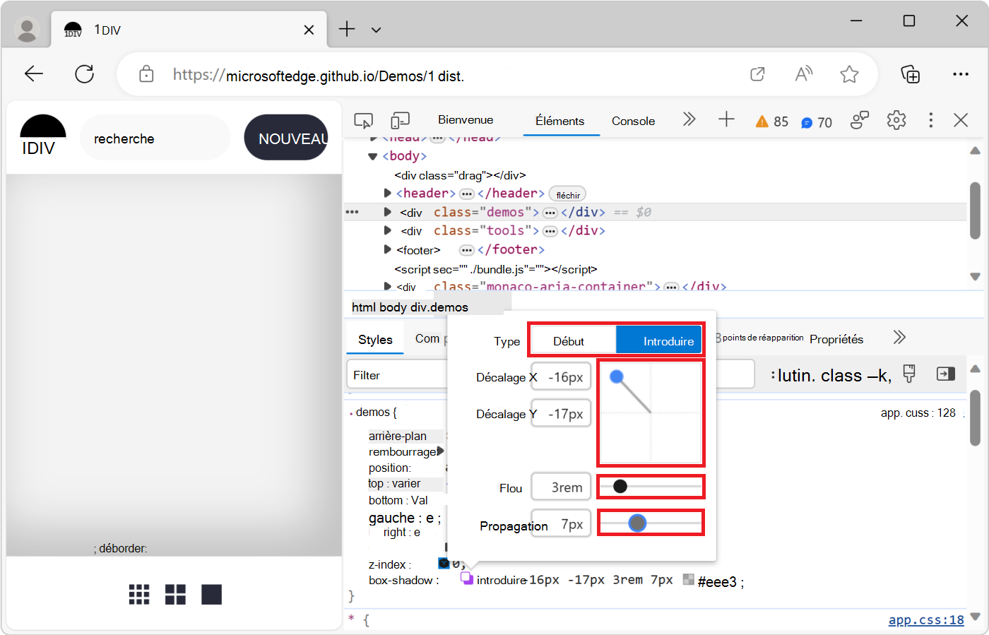 Effet des modifications apportées à l’éditeur d’ombres