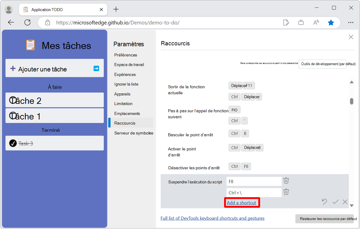 Sélectionnez les clés que vous souhaitez affecter à l’action