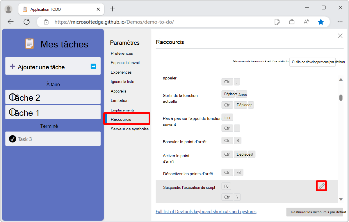 Sélectionnez l’action à personnaliser dans la page Raccourcis dans Paramètres
