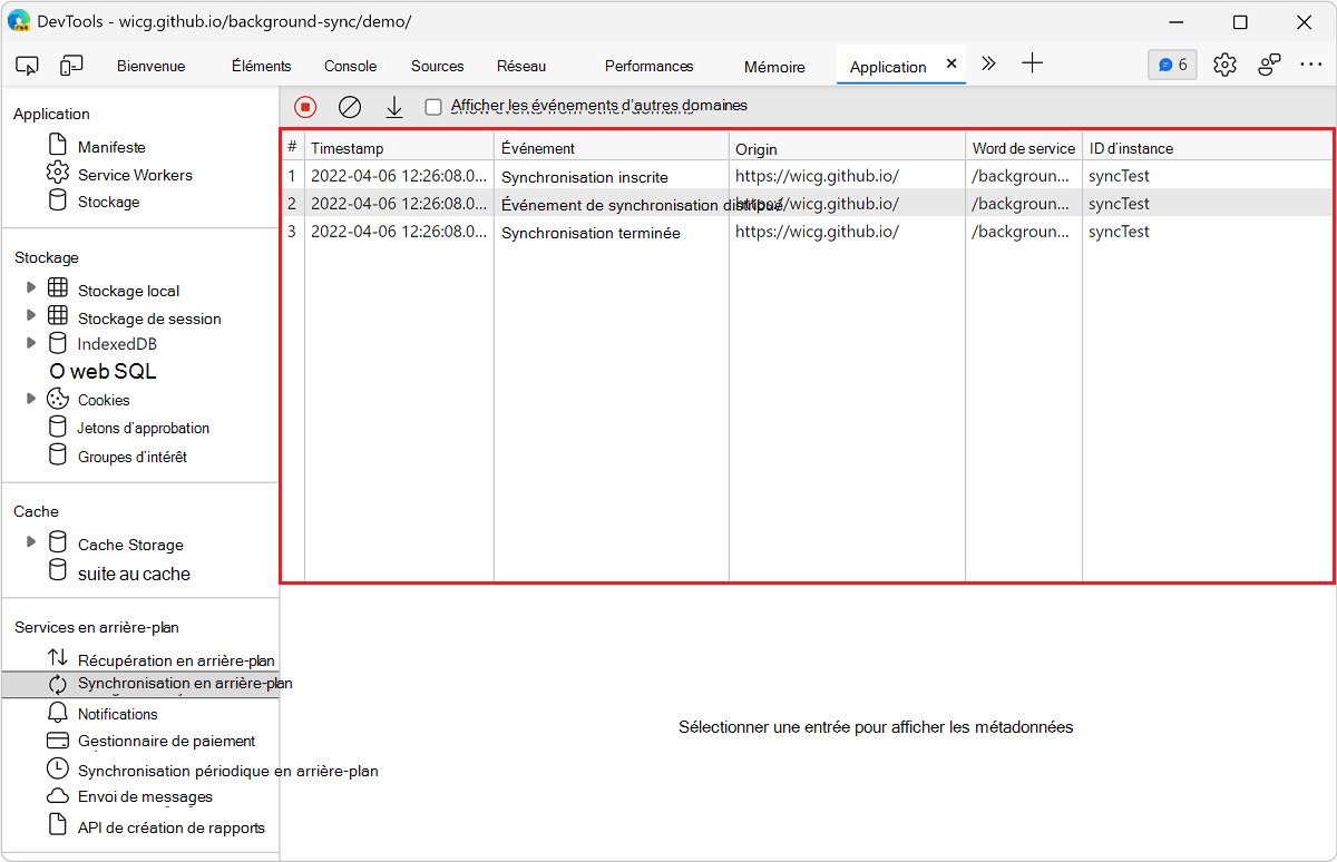 Journal des événements dans le volet Synchronisation en arrière-plan