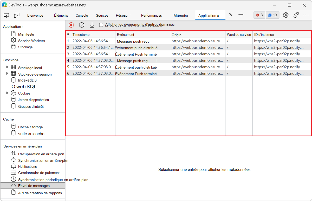 Journal des événements dans le volet Messagerie push