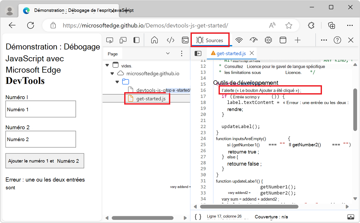 L’outil Sources, montrant la modification du code dans le fichier get-started.js