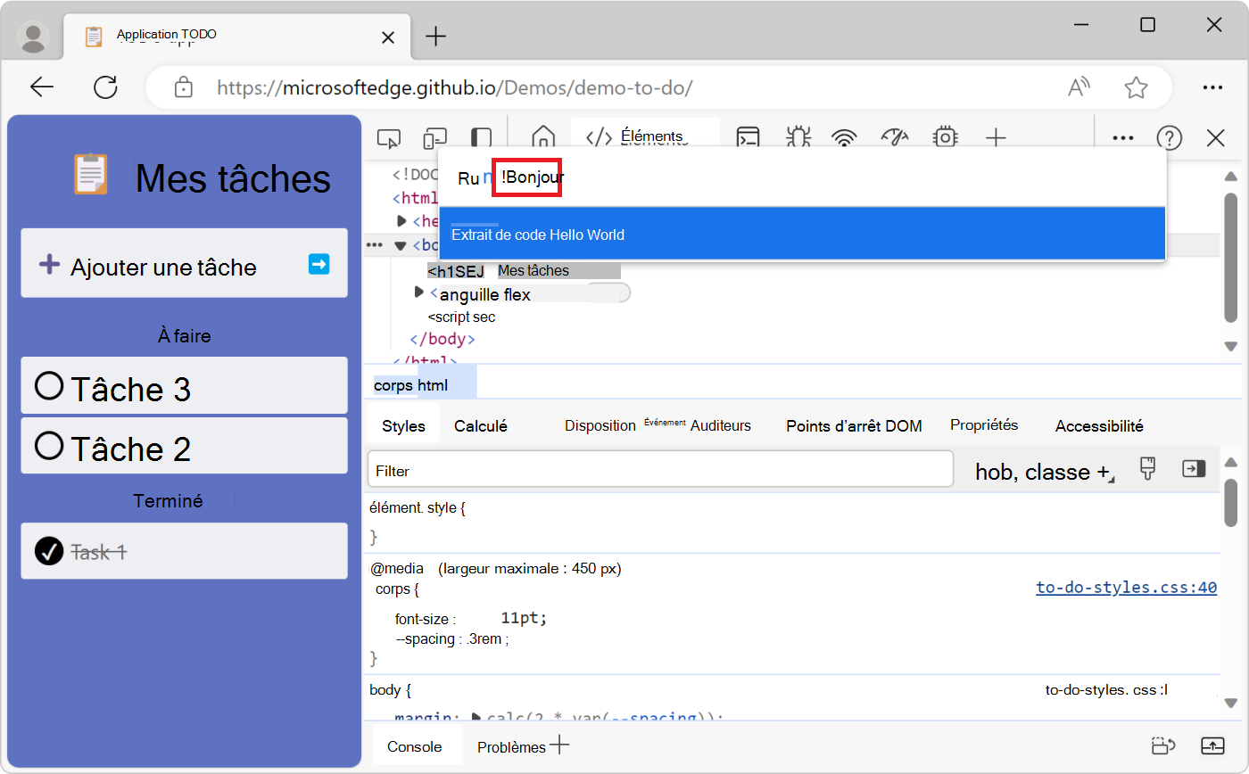 Exécution d’un extrait de code à partir du menu Commandes