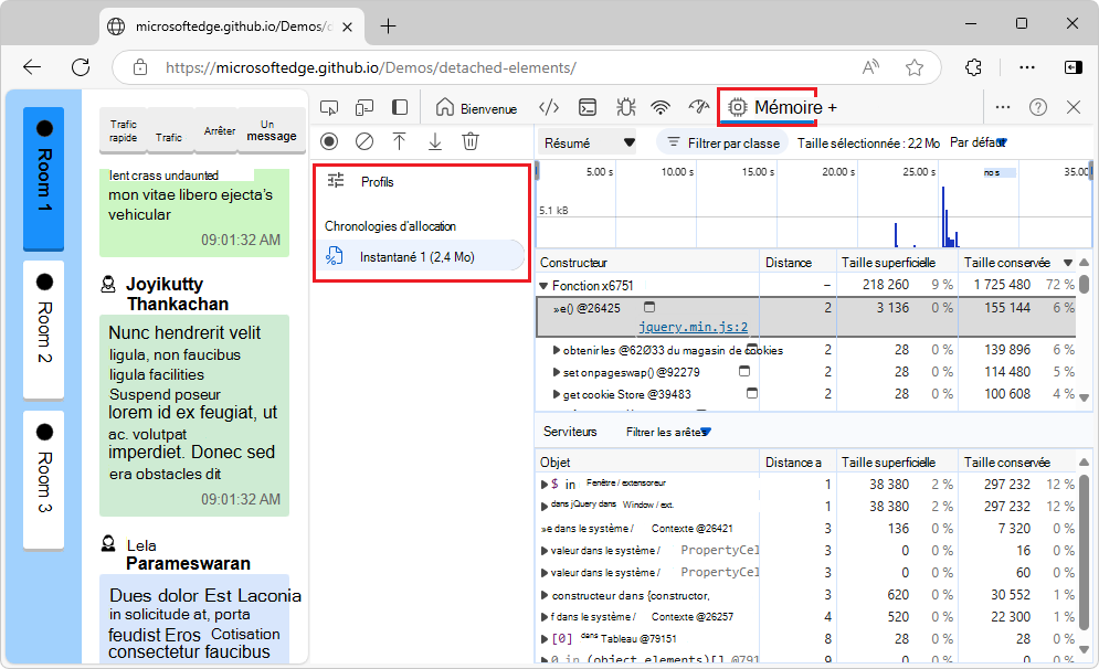 Nouvel instantané répertorié dans la section « Chronologies d’allocation » de la liste des profils