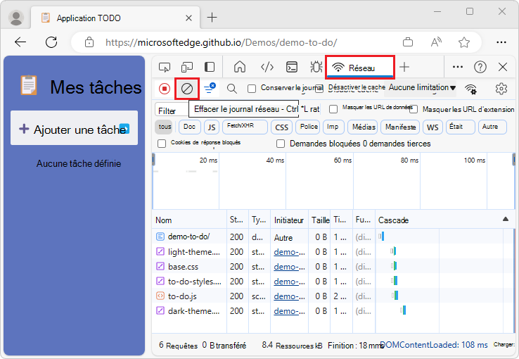 Bouton « Effacer le journal réseau »