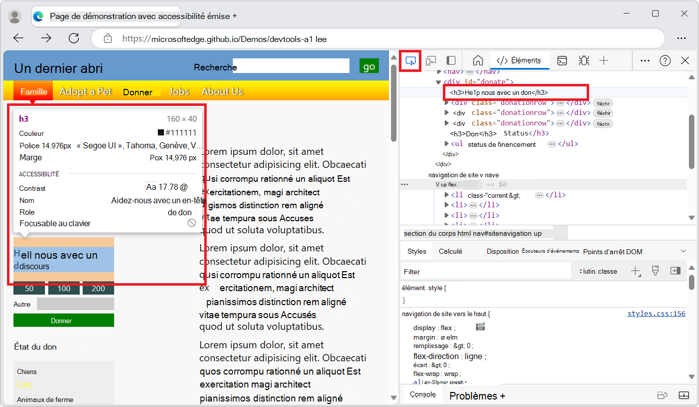L’outil Inspecter en pointant dessus avec le premier titre de cet article