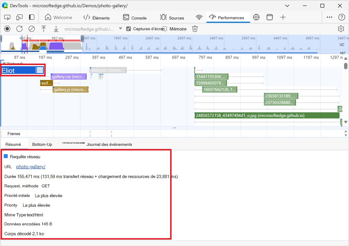 Plus d’informations sur la demande de galerie de photos sous l’onglet Résumé