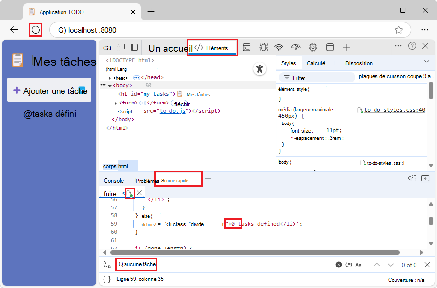 Un fichier .js modifié dans l’outil source rapide, avec la page web de démonstration actualisée