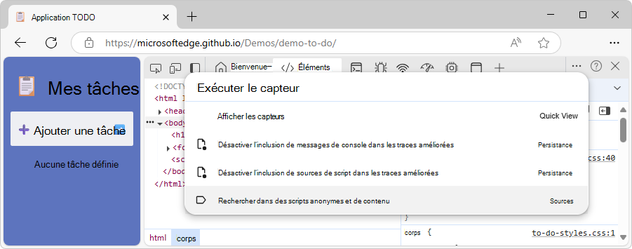 Utilisation du menu Commandes pour ouvrir l’outil Capteurs