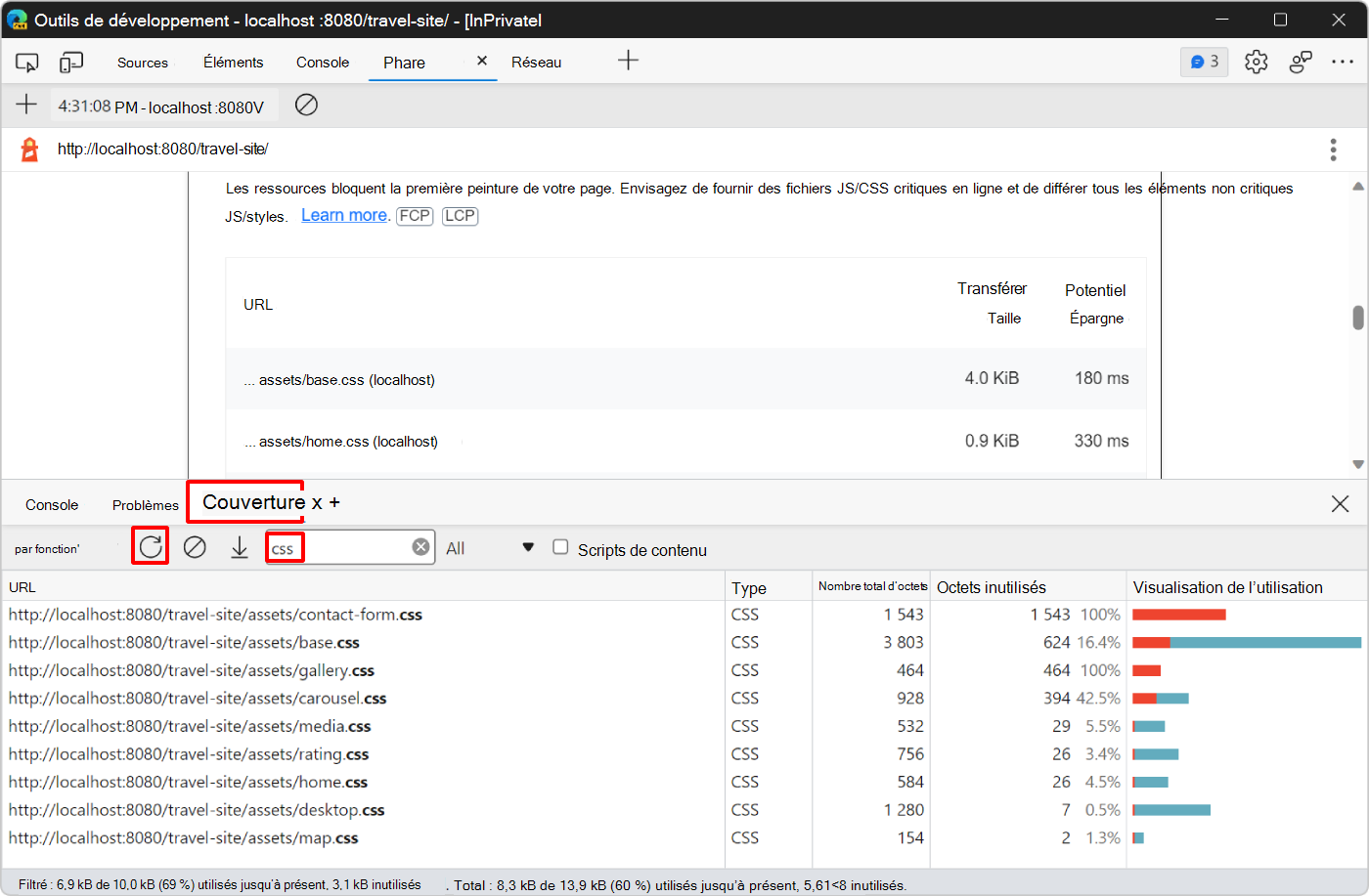 Le nouveau rapport de couverture, affichant désormais les fichiers CSS