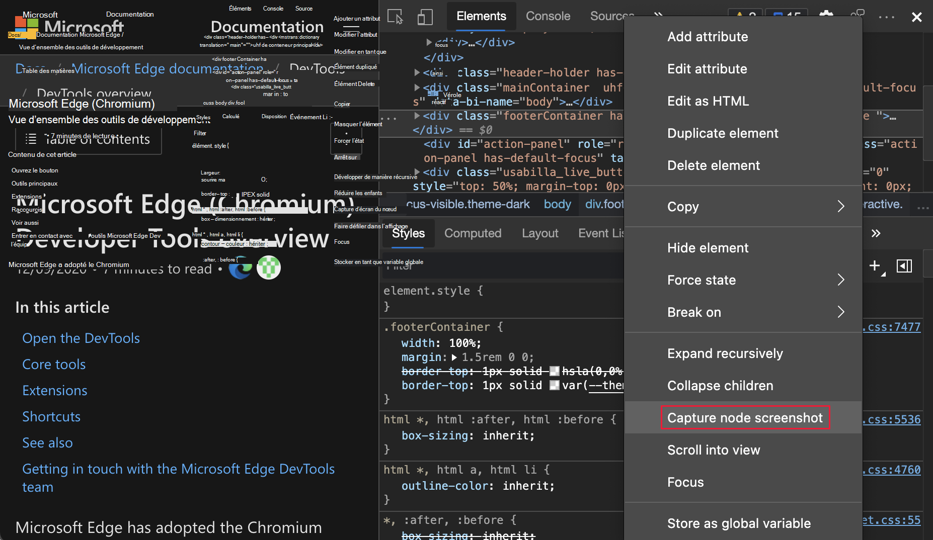Capture d’écran du nœud mis en évidence dans le menu contextuel de l’outil Éléments