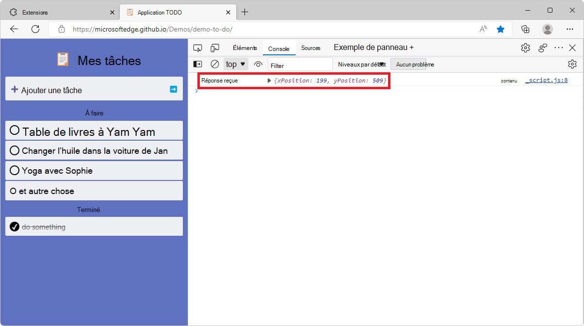 L’outil console DevTools affichant le message de position cliqué