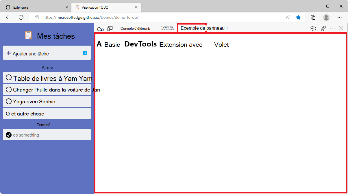 Nouvel onglet et panneau d’outils dans DevTools