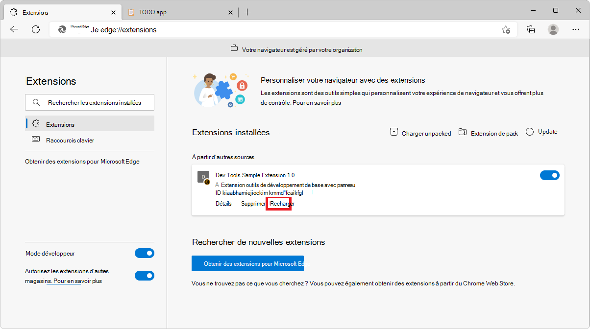 Page extensions Microsoft Edge montrant où se trouve le bouton Recharger