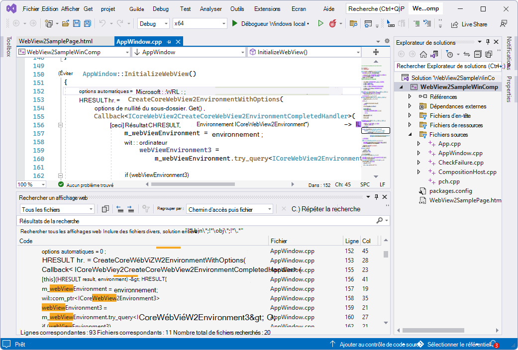 Projet WebView2SampleWinComp dans Visual Studio