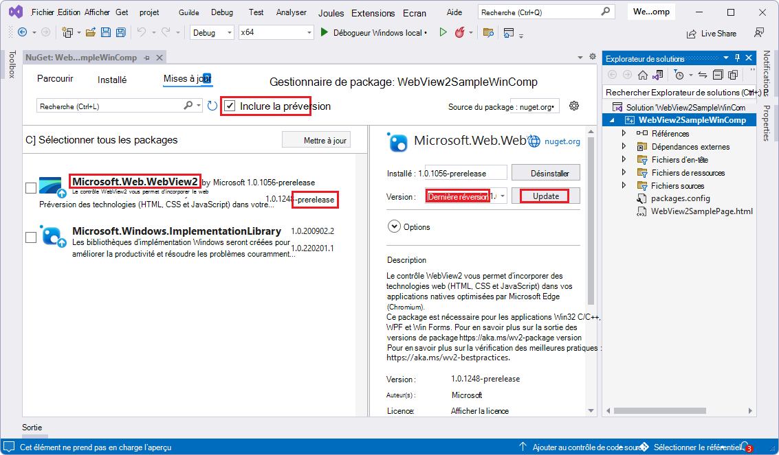 Onglet Mises à jour du Gestionnaire de package NuGet après l’ouverture initiale de la solution WebView2SampleWinComp