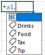 Affichez l’utilisateur en tapant « a1 » et Excel montrant un menu avec des options de boissons, de nourriture, de taxe et de pourboire.