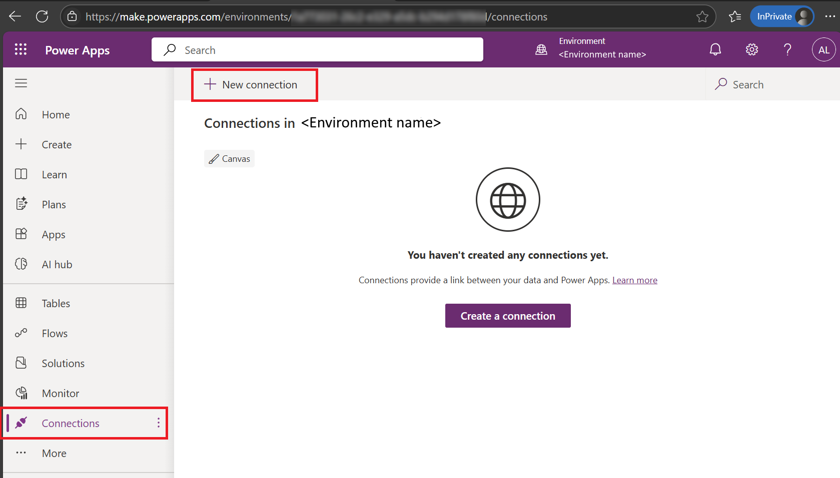 Page Connexions Power Apps montrant le bouton Nouvelle connexion