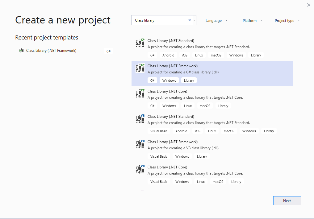 Recherche de bibliothèque de classes (.NET Framework).
