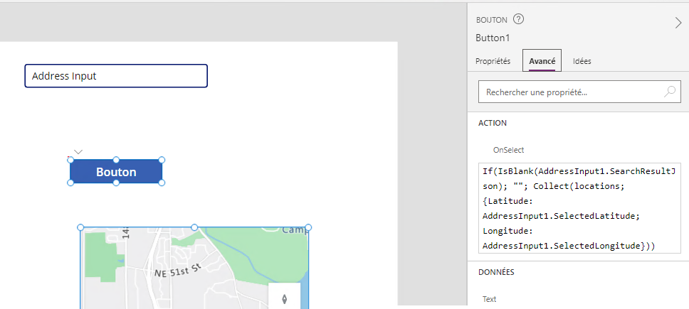Une capture d’écran du bouton en construction dans Power Apps Studio, affiché avec sa propriété OnSelect.