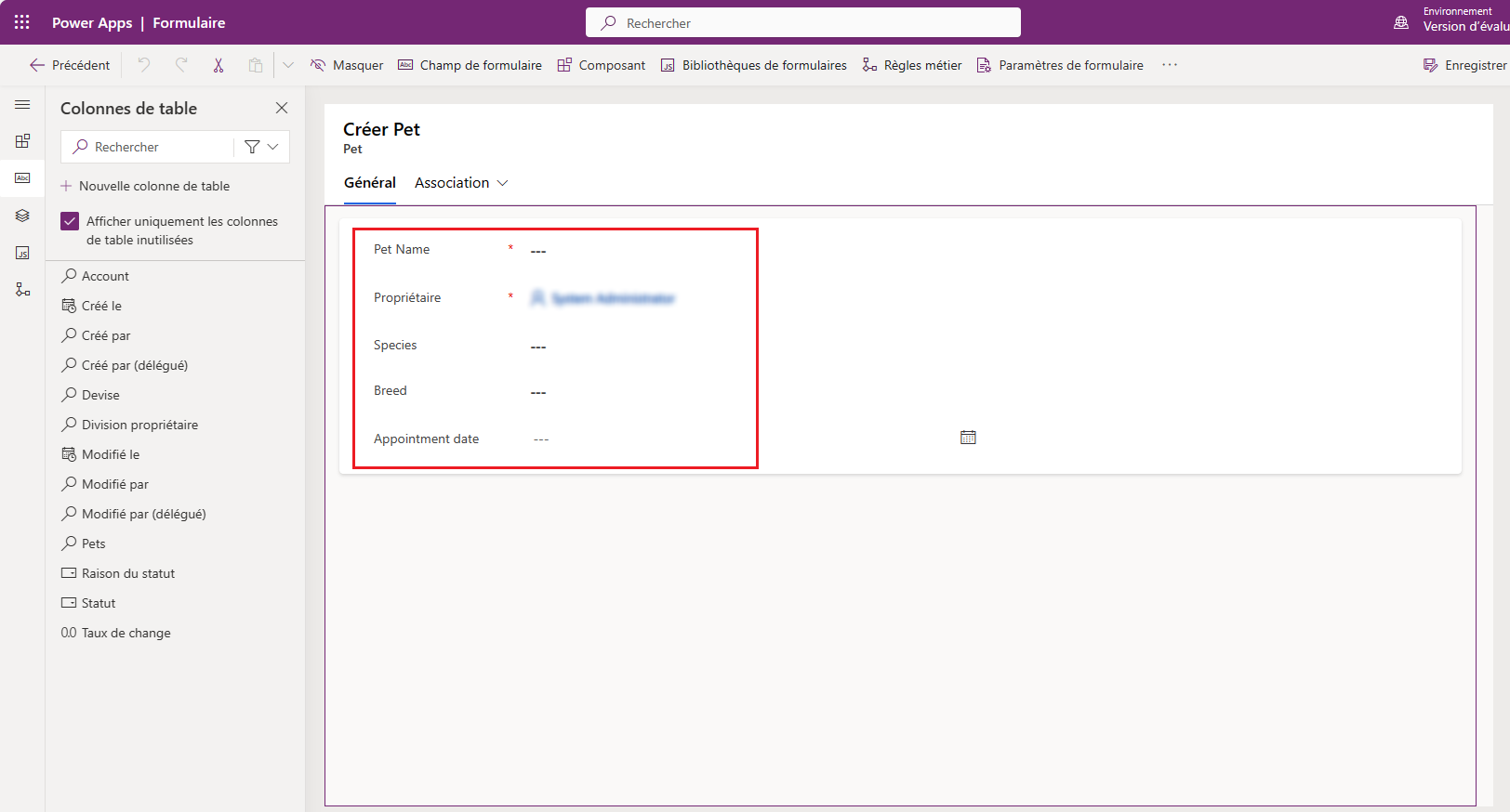 Sélectionnez des colonnes pour le formulaire principal.