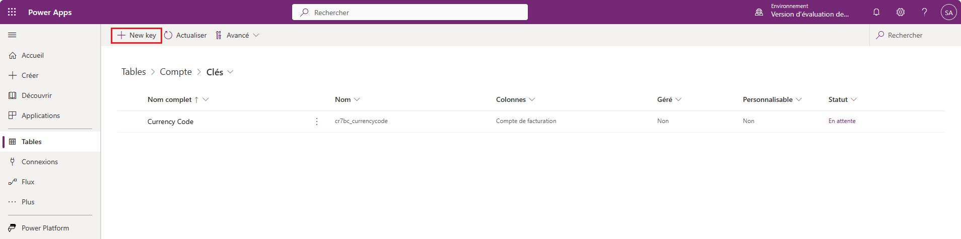 Exemple de création d’une clé secondaire dans une table Devise.