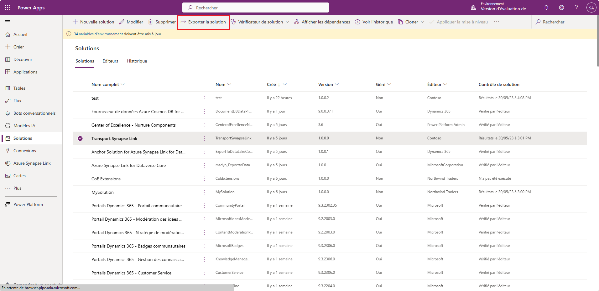 Exporter la solution