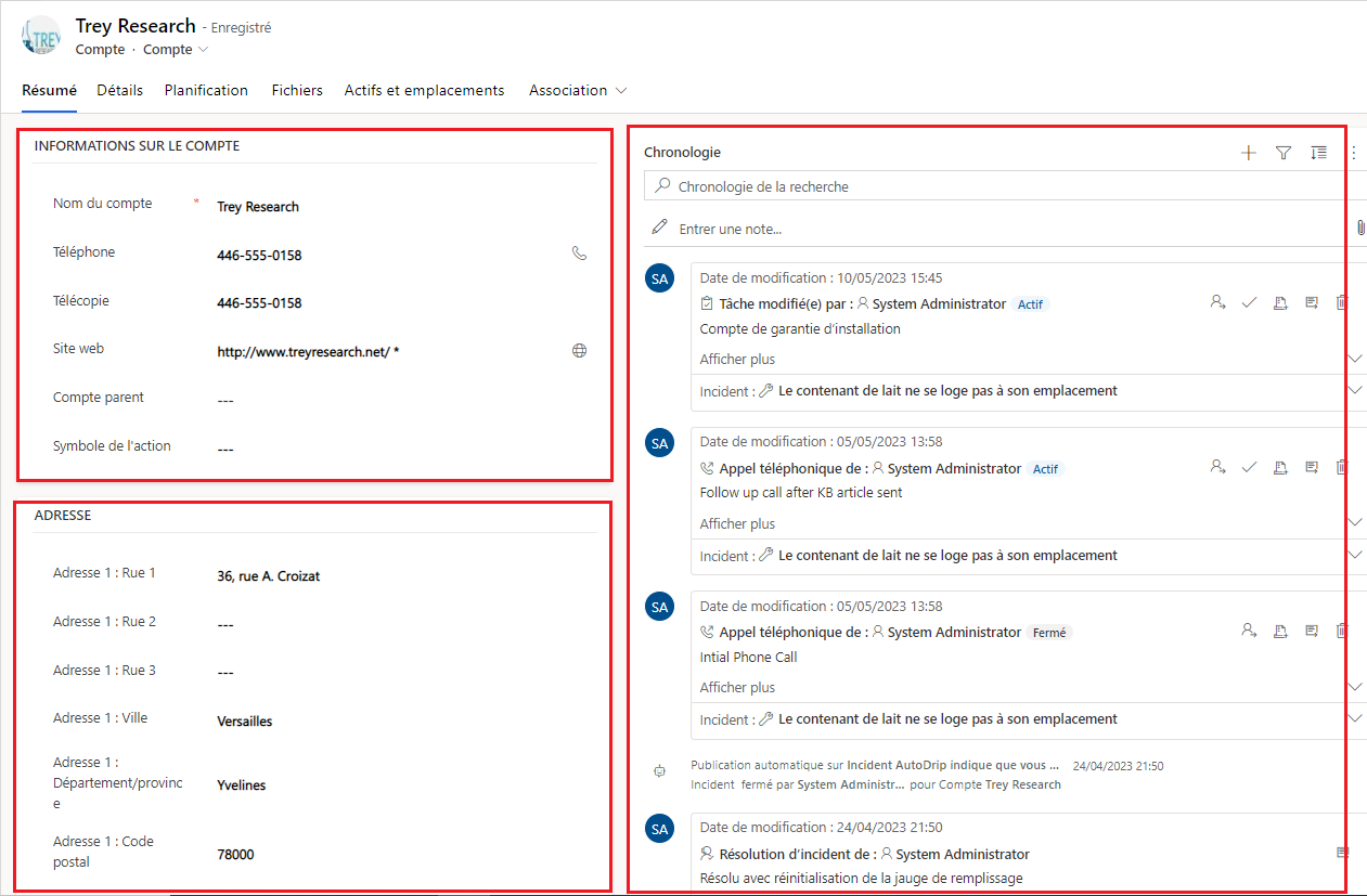 Sections par défaut du formulaire principal du compte