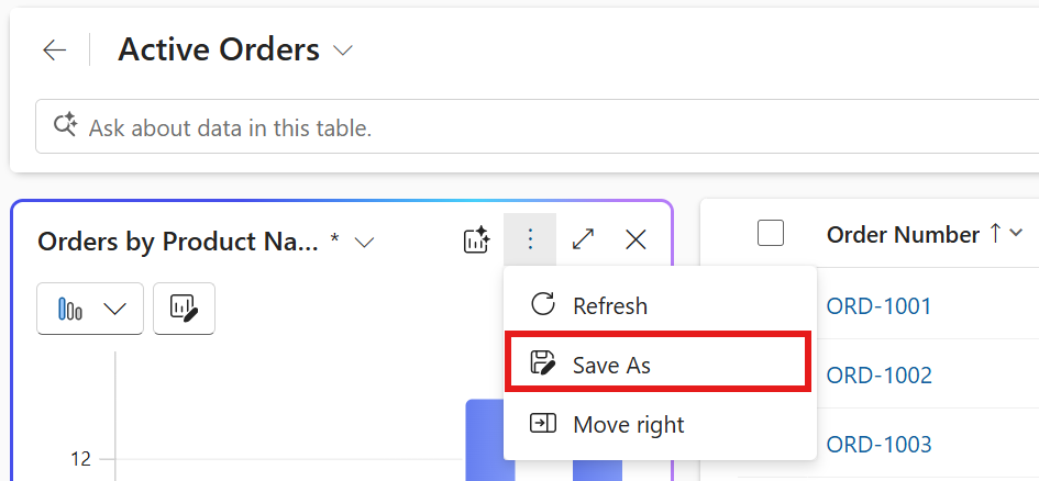 Capture d’écran montrant les options après avoir cliqué sur trois points dans le graphique de visualisation des données.