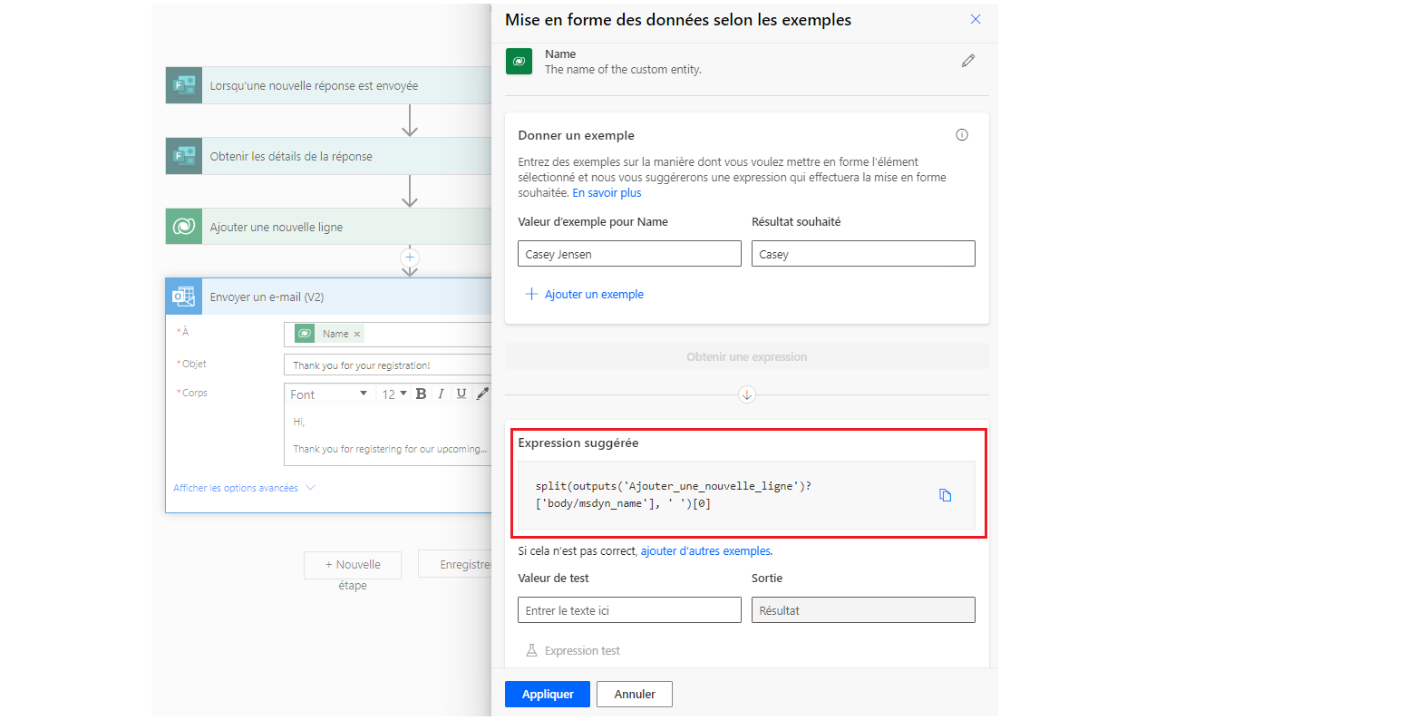 Capture d’écran montrant comment mettre en forme le texte du nom complet d’une personne en son seul prénom. Power Automate suggère l’expression pour réaliser cette transformation.