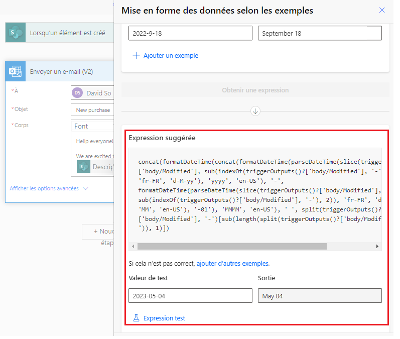 Capture d’écran de l’expression suggérée et de la façon de la tester.