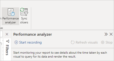 Capture d’écran du volet Analyseur de performances dans Power BI Desktop.