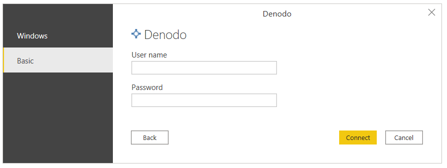 Authentification de base de Denodo dans Power BI Desktop.