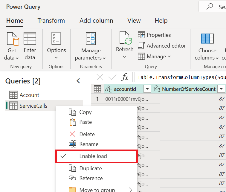 Capture d’écran du menu contextuel de la requête avec activation de la charge sélectionnée.
