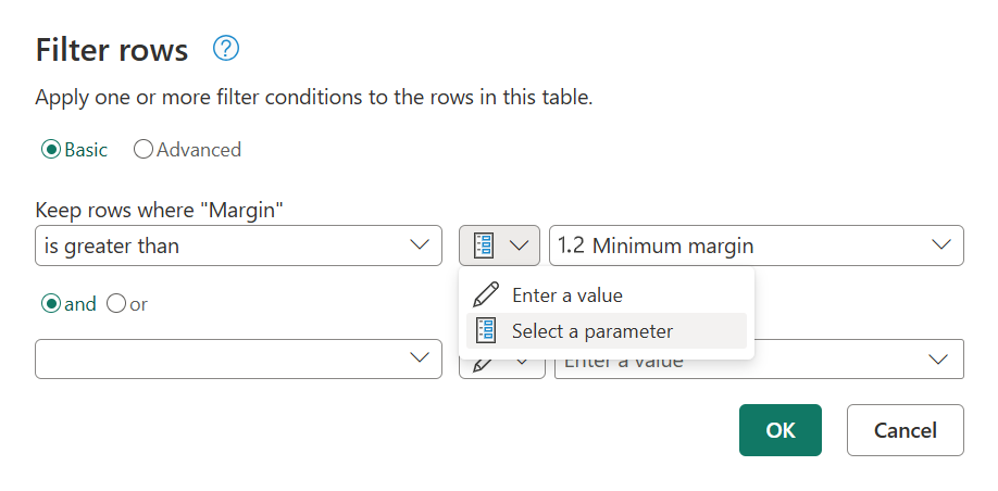 Capture d’écran des lignes de filtre montrant l’option sélectionner un paramètre pour l’argument de transformation.
